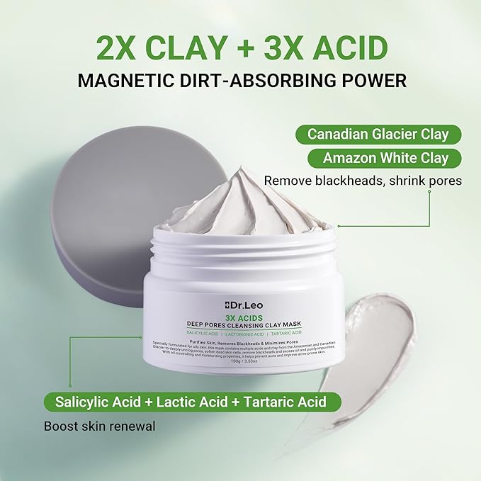 Dr.Leo 3X Acid Clay Mask with Amazonian White & Glacier Clay, Deep Cleansing Facial Skincare for Pore Minimizing Oil Control & Detox, Face Mask for All Skin Types, 3.53 oz