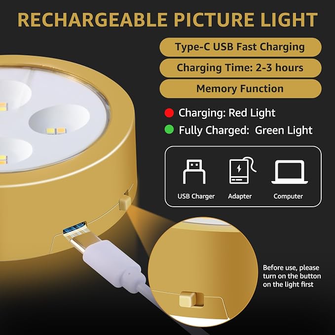 MIOBLUE 3-Pack Picture Lights for Wall, Rechargeable Battery Operated Painting Light with Remote Control Dimmable and Timer, 3 Lighting Modes Magnetic Art Display Puck Light for Home Decor