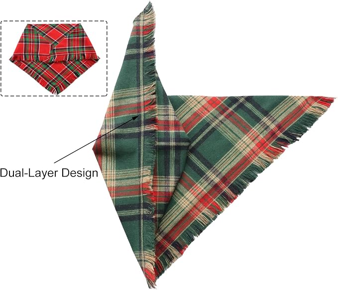 Christmas Dog Bandanas 2PCS-XLarge,Holiday Scarf Two-Sided with Tassels Edges,Stylish Triangle Dog Outfit for Boy and Girl,Winter Christmas Classic Red Green Plaid Pet Costume for Extra Large Dogs
