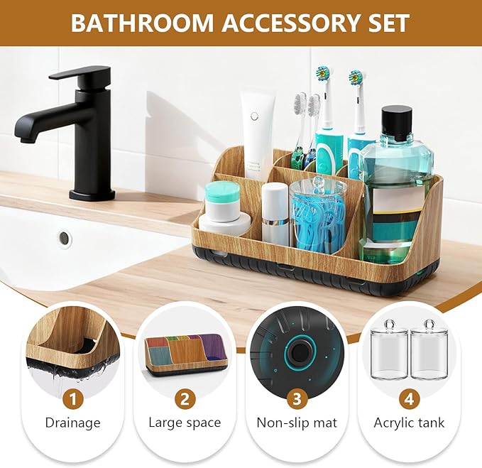GFWARE Bathroom Toothbrush Holder Set with 2 Pack Qtip Holder Dispenser - 7 Slots Kids Bathroom Accessory Sets with Drainage, Q Tip Holder for Bathroom Sink Counter Accessories Set
