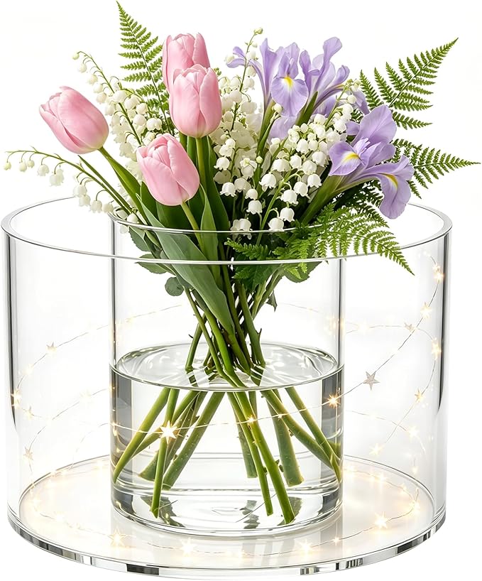 Acrylic Flower Vase for Centerpieces, Clear Double Layered Round Vase for DIY Decorative Table, Cylinder Planter for Candle Holder, Wedding Event, Home Decor