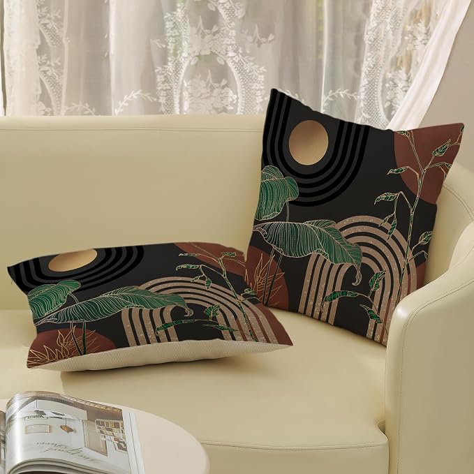 Boho Grey Rust Brown Pillow Covers 18x18 Set of 2 Gold Green Leaf Tropical Mid Century Throw Pillows Outdoor Bohemian Modern Decorative Pillowcase Farmhouse Cushion Case for Couch Sofa Decor