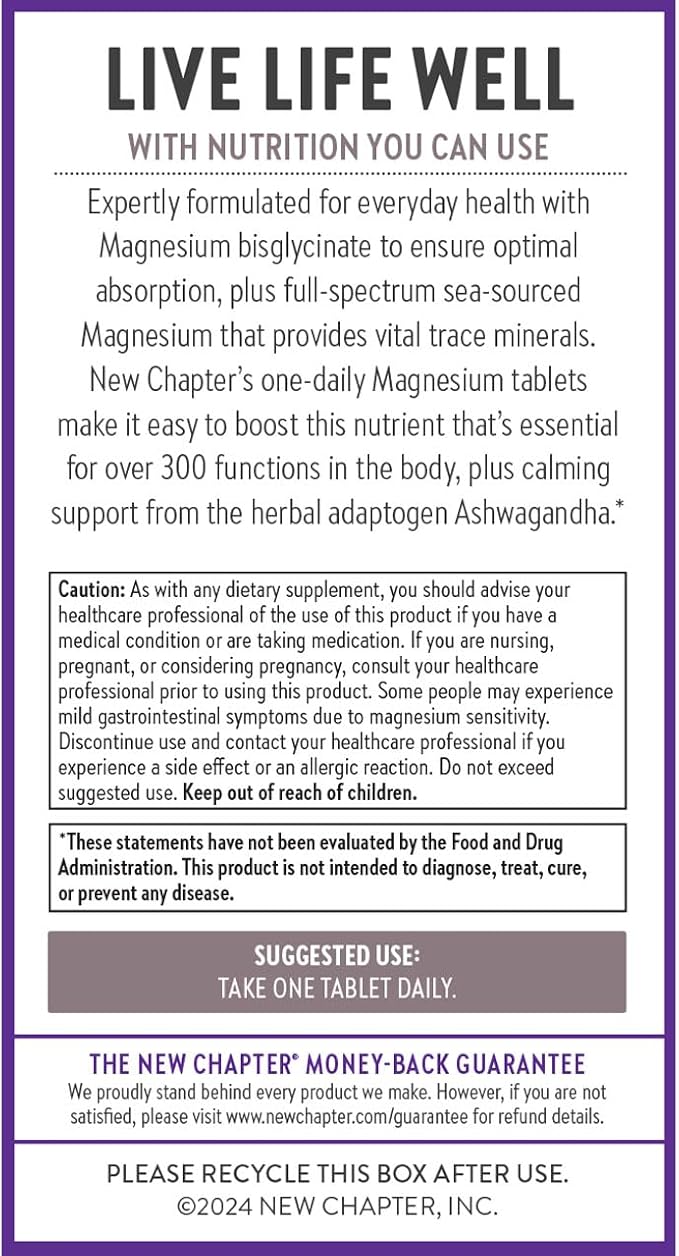New Chapter Magnesium + Ashwagandha Supplement, 325 mg with Magnesium Glycinate for Muscle Relaxation & Recovery, Heart, Nerve & Bone Health, 2.5X Absorption, Non-GMO - 60 ct (2 Month Supply)