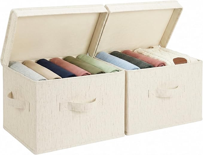 StorageWorks Fabric Storage Bins with Lids, Large Closet Storage Bins | Flip-Top Lid, 3 Handles, Collapsible, Stackable, for Clothes Blankets, Multi-Purpose, Medium, Rustic Linen, 2-Pack