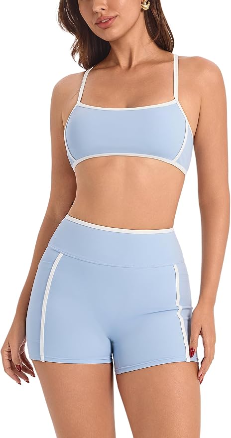 ABOCIW Workout Sets for Women 2 Piece Color Block Strappy Sports Bra High Waist Shorts Gym Yoga Pilates Outfits