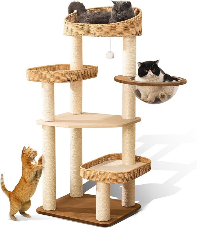 SHODMI 51-Inch Woven Cat Tree Tower for Large Cats with Clear Capsule Bed | 8 cm thick sisal scratching posts, plush & cooling mats, 3 hand-woven basket beds, sturdy multilevel spaces to climb and rest