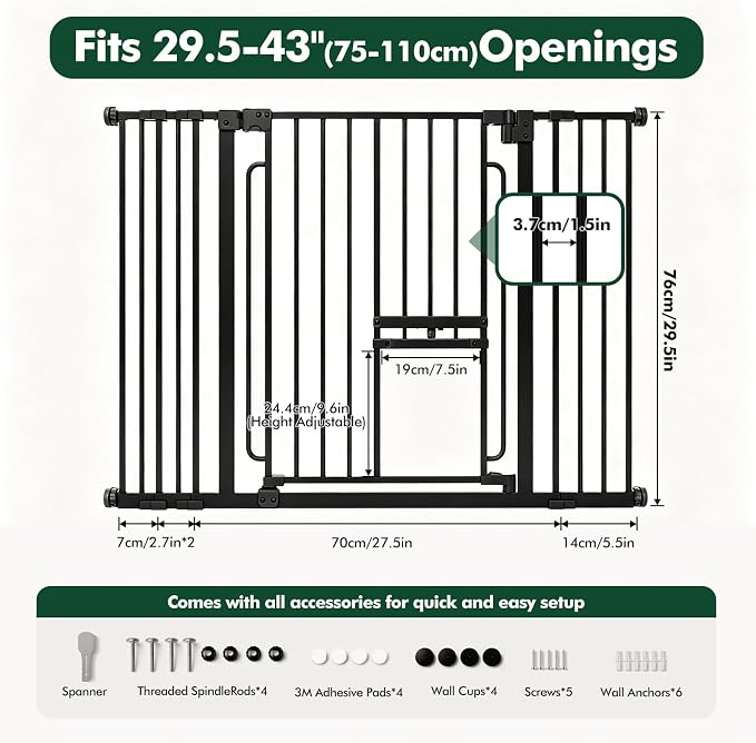 Adjustable Pet Gate 29.5-43“ with Cat Door, Black | U-Shaped Iron Gate, Two Installation Methods, Suitable for Stairs and Doorways