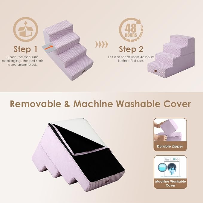 EHEYCIGA Dog Stairs for Bed 18" H, Dog 4-Steps for High Bed, Lilac | Pet Steps for Small Dogs and Cats, Non-Slip Balanced Pet Ramp Indoor