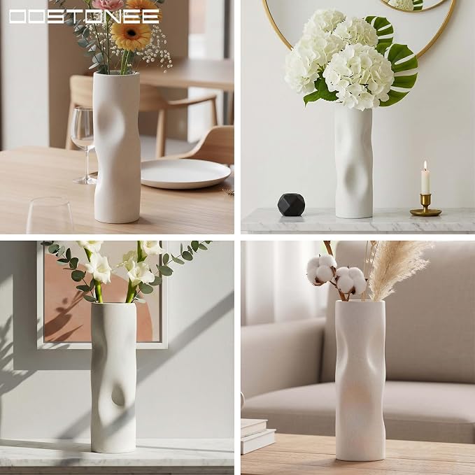 11 Inch Tall White Ceramic Vase – Modern Boho Geometric Home Decor for Living Room, Shelf & Coffee Table
