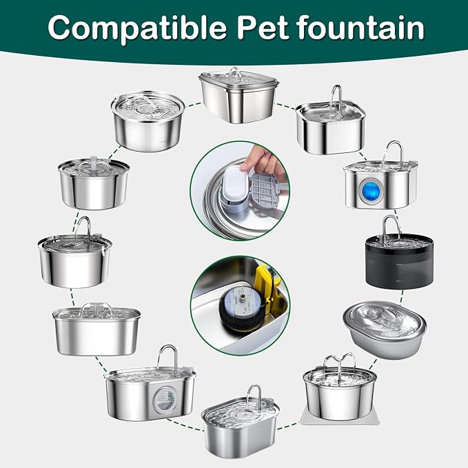 Cat Water Fountain Filter 24Pcs Fit 101oz/3L Stainless Steel Pet Fountain | Cat Fountain Replacement Filters for 67oz/2L, 108oz/3.2L Cat Water Fountains Pet Fountain Filters (12 Filters & 12 Sponges)