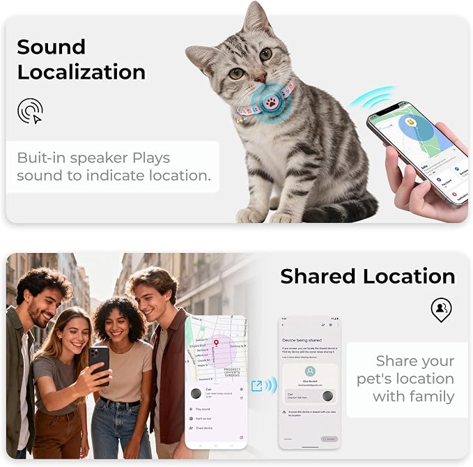 GPS Cat Tracker Collar (iOS & Android), No Monthly Fee GPS Dog Tracker Pink | Mini Bluetooth Smart Anti-Lost Pet Finder Tag Works with Apple Find My & Google Find Hub