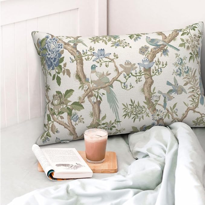 Blue Green Floral Bird Pillow Covers 12x20 Set of 2 Chinoiserie Throw Pillows Green Vintage Flowers Bird Decorative Pillow Cases Outdoor Farmhouse Lumbar Decor Cushion Case for Couch Sofa