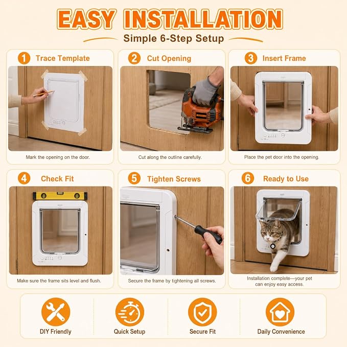 Smart Cat Door with Remote Control, White Pet Flap with 5 Collar Tag Keys, 4 Locking Modes, Selective Entry Door for Cats & Small Dogs
