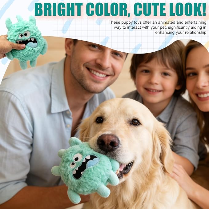 Monster Stuffed Squeaky Dog Toy, Crinkle Dog Plush Toy, Light Green | Soft Lightweight Toy for Fetch and Chew, Interactive Outdoor Indoor Play for Tug, Birthday Gift, For Puppy Small Medium Dog