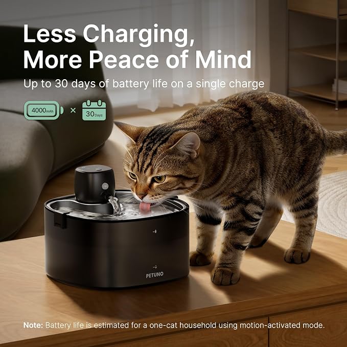 Cordless Cat Water Fountain, Battery Operated, Silver 6 Filters 78oz | Stainless Steel Tray, Rechargeable 4000mAh, Wireless, Motion Sensor, Quiet Pump, Locking Lid, Pet Fountain, 6 Filters