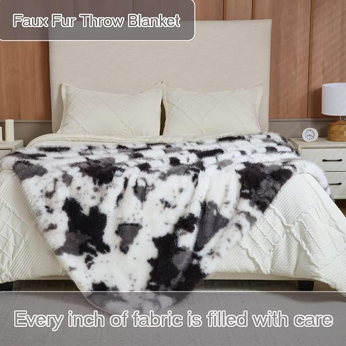 Luxury Fluffy Faux Fur Throw Blanket,Thick Fluffy Silky Fuzzy Cozy Blanket,Plush Blankets for Couch, Sofa, Chair, Bed-Black&Grey Cow-50 * 60inch