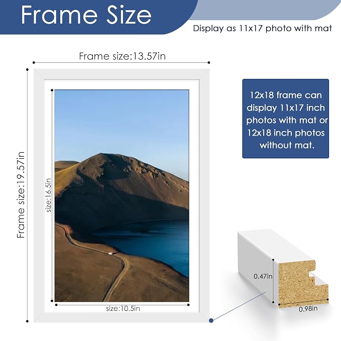 12x18 Picture Frame Set of 6, Wall Mount Display, White | Display Pictures 11x17 with Mat or 12x18 Without Mat, Horizontal or Vertical, Gallery Wall Frame Set, Wedding Birthday Gifts