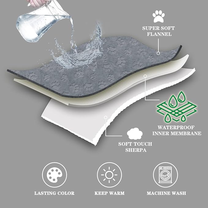 Waterproof Blanket for Bed, Dog Blankets for Large Dogs, Waterproof Cat Blanket Washable, Soft Sherpa Fleece Puppy Blanket, Reversible Throw Protector for Couch Car, 50"X60", Grey