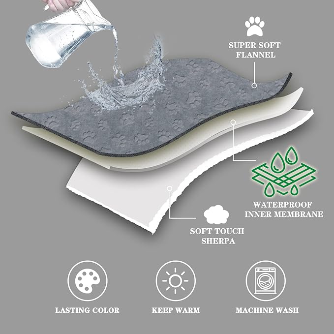 Dog Blankets for Small Dogs - Waterproof Cat Blanket Washable - Sherpa Fleece Puppy Blanket, Soft Plush Reversible Throw Protector for Bed Couch Car Sofa, 30"X40", Grey
