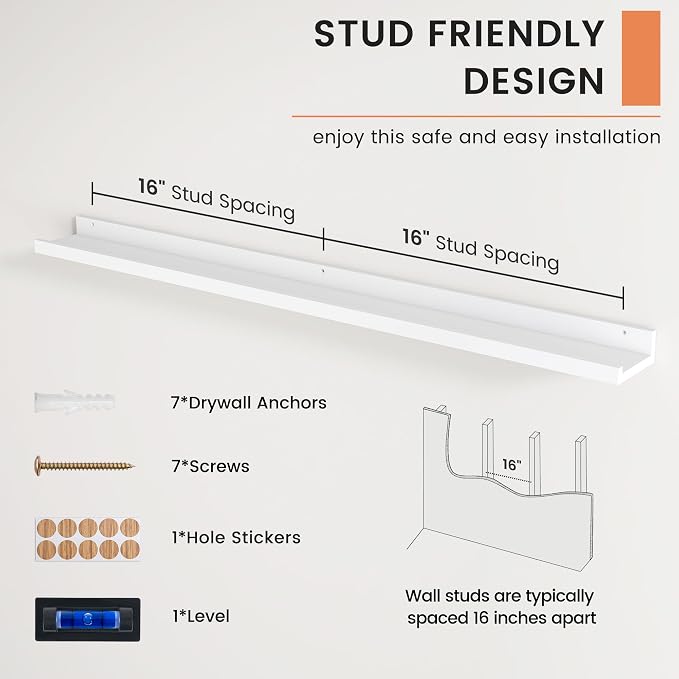 Picture Ledge Shelf, Floating Shelves for Wall, 48" W Set of 2, White | FSC Certified Engineered Wood, Wall Mounted Bookshelf, for Nursery Living Room Bedroom, Pre-Drilled, Easy Install