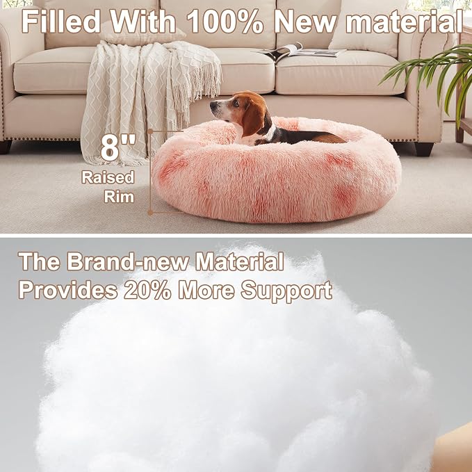 33 in Faux Fur Donut Dog Bed for Medium Plus Dogs,Tie-dye Pink | Calming Plush Round Fluffy Pet Bed with Removable & Washable Cover,Fits up to 65 lbs Pets