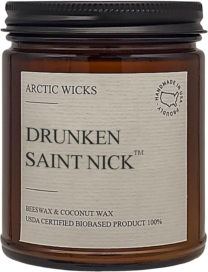 Arctic Wicks Scented Coconut Beeswax Candles | Coconut Beeswax Non Toxic Candle 9oz Amber | Farmhouse Candles Non-Toxic Clean Burn 100% USDA Certified Biobased (Drunken Saint Nick)