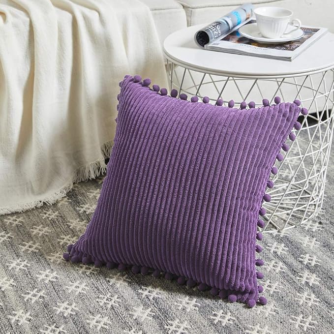 Fancy Homi Pack of 2 Purple Boho Decorative Throw Pillow Covers with Pom-poms, Soft Corduroy Solid Square Cushion Cases Set for Living Room Couch Sofa Bedroom Car (18x18 Inch/45x45 cm, Purple)