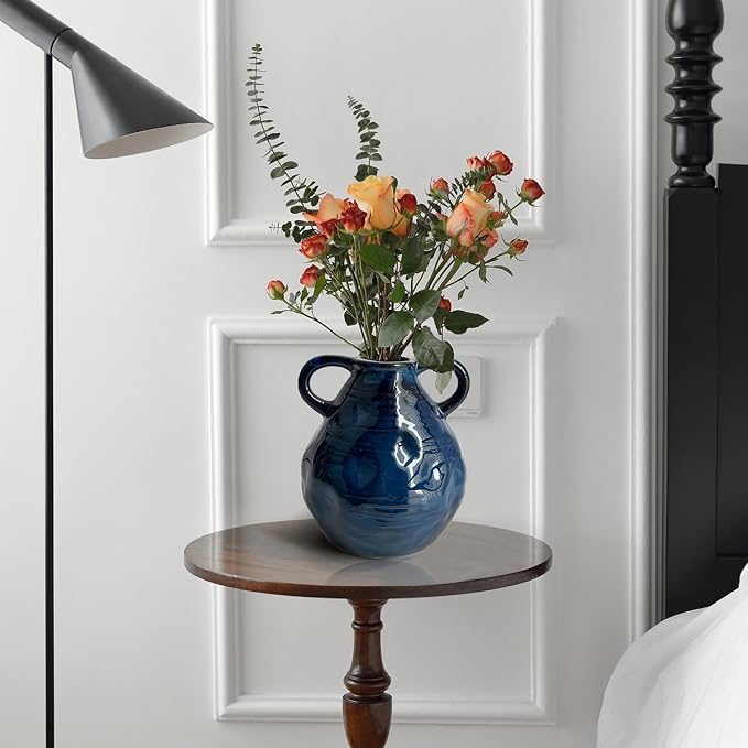 LIFFY Blue Ceramic Vase for Flowers, 6.3 Inch Tall Modern Farmhouse Centerpiece with Double Handles, Vintage Rustic Decorative Vases Home Table Decor (Navy Blue)