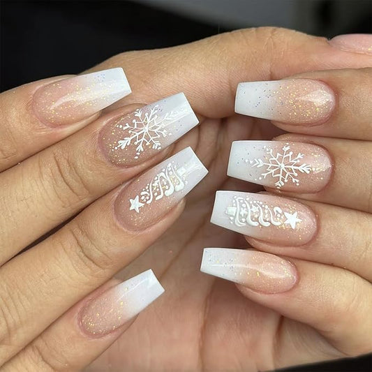 White Christmas Tree Snowflake Press-on Nails Long Ballerina Coffin Winter Xmas Gradient Design Glue-on Glossy Full Cover Acrylic for Women Girls DIY Christmas Fake