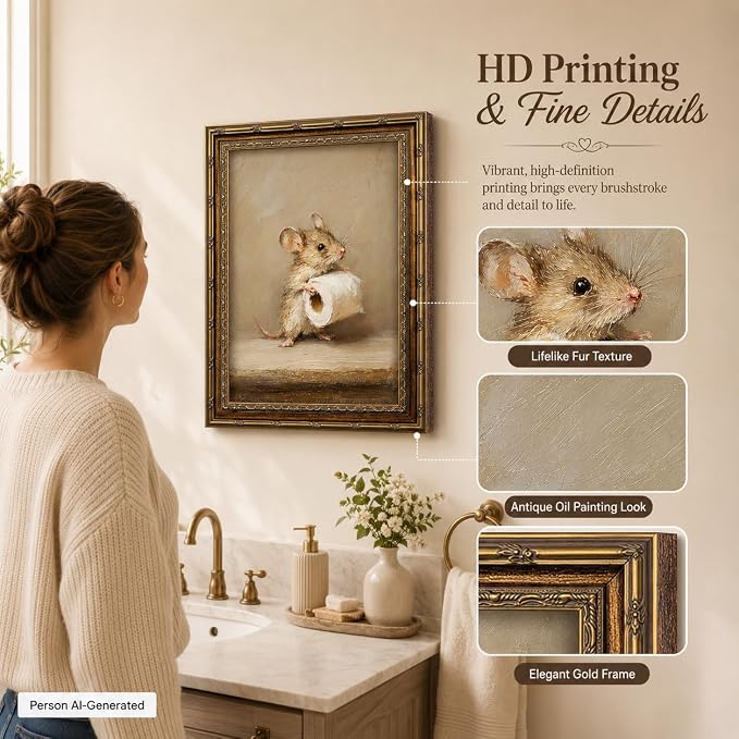 Funny Bathroom Wall Art, Vintage Gold Framed Mouse With Toilet Paper, 12x16 | Funny mouse canvas print, cute animal bathroom decor, rustic farmhouse style, wall art for restroom, washroom, or powder room