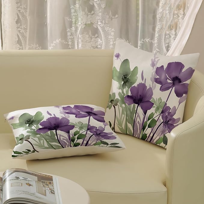 Spring Floral Pillow Covers 20x20 Inches Set of 2 Sage Green Purple Floral Throw Pillow Covers Outdoor Summer Flower Decoration Pillowcase Farmhouse Decorative Cushion Cover for Home Couch