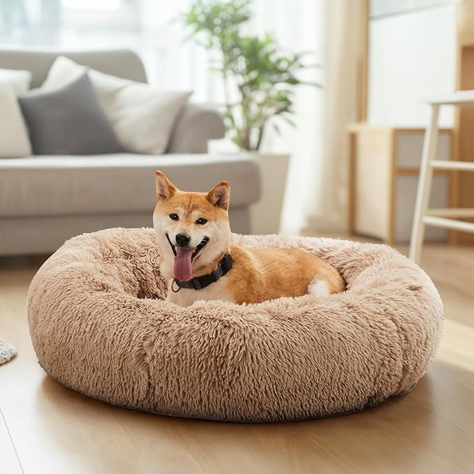 DUMOS 37.4 Inch Large Donut Dog Bed for Indoor Use, Fluffy Faux Fur Plush | Warming Cozy Round Pet Bed, Machine Washable Cuddler, Anti-Slip Bed for Dogs and Cats, Brown