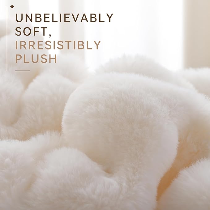 Faux Rabbit Fur Throw for Couch - Cream White Bubble Blanket 60"x80" | Fluffy Plush Fuzzy Throw for Sofa & Bed, Super Soft Cozy Comfrt Blanket, Luxury Aesthetic White Decor Gift for Women