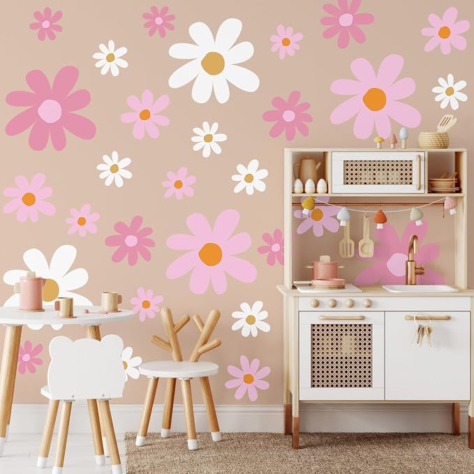 TaoBary 12 Sheet Daisy Wall Sticker Decal,Pink Color,Vibrant Style | Big Flower Wall Sticker, Pink White Floral Decal, Daisy Bedroom Room Decor, Removable Peel and Stick, Nursery Home Wall Decor