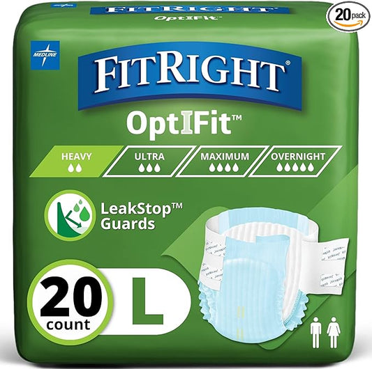 FitRight Adult Diapers, Extra+ Heavy Absorbency, L (Waist Size 44in-56in), 20 Count, OptiFit Incontinence Briefs for Men and Women, Disposable, Moisture-Wicking, Leak Protection,