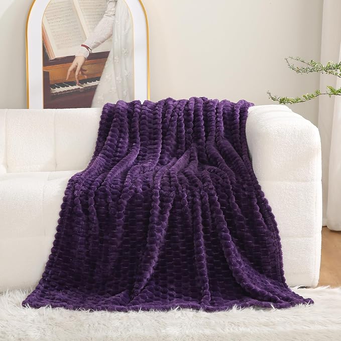 Puncuntex Deep Purple Throw Blanket 50"×60" Fuzzy 3D Jacquard Decorative | Flannel Fleece Super Soft Plush Cozy Blanket for Couch Sofa Chair Lightweight