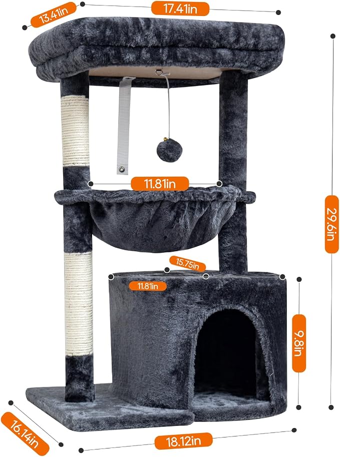 SYANDLVY Small Cat Tree for Indoor Cats, Cat Tower with Scratching Post | Modern Cat House with Padded Perch, Kittens Condo with Cradle, Smoky
