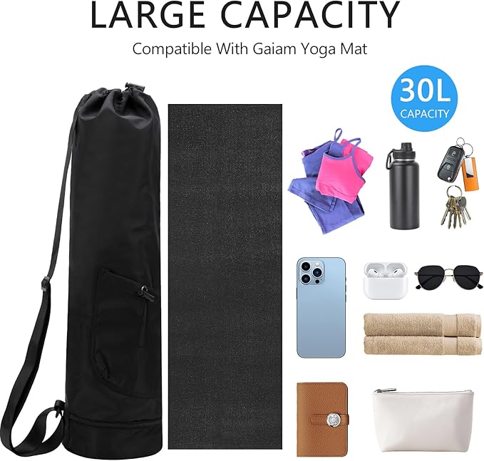 Yoga Mat Bag Compatible with Gaiam, Large Capacity Yoga Mat Carrier with Adjustable Strap, Water Bottle Pocket & Bottom Wet Pocket, Functional Yoga Mat Holder for Women and Men