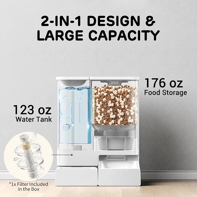 iPettie FW54 5G/2.4GHz WiFi Automatic Feeder and Waterer 2-in-1 Set for Pet | 300 oz Large Capacity for 2 Weeks, APP Scheduling & Alerts, Dual Power Supply, 1 Filter Included, Perfect for Working Parents