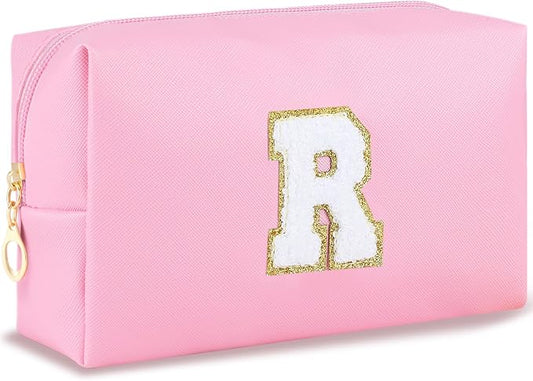 URSKYTOUS Initial Makeup Bag for Women Travel Small Cosmetic Bag Personalized Preppy Chenille Letter Waterproof Pink Makeup Pouch for Purse Monogram Toiletry Bag with Zipper PU Leather Makeup Case（R）