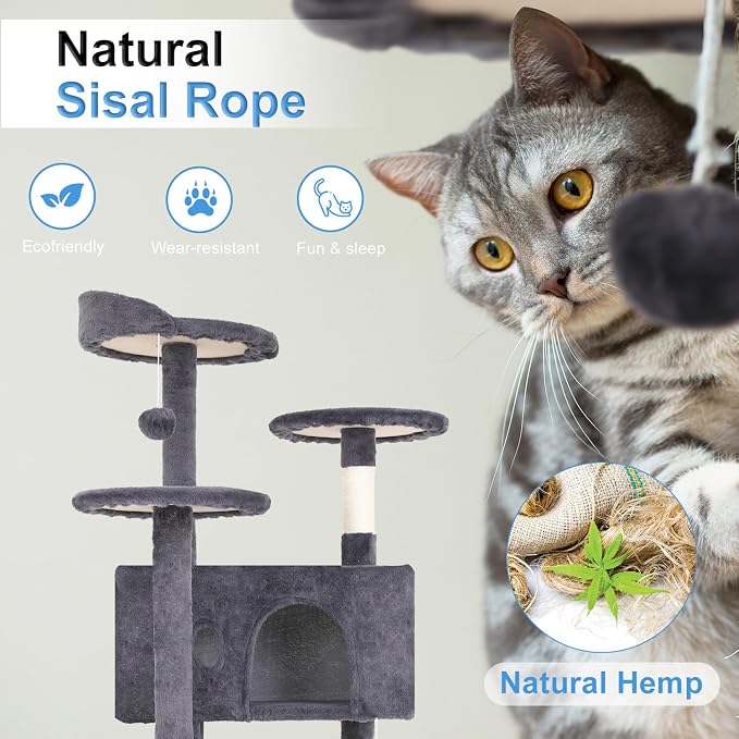 FDW | 54" Cat Tree Tower | Ashy | Multi-Level Indoor Activity Center | with Sisal Scratching Posts, Condos, Plush Perches, Hanging Cat Toys | Sturdy, Easy to Assemble | for Kittens & Adult Cats