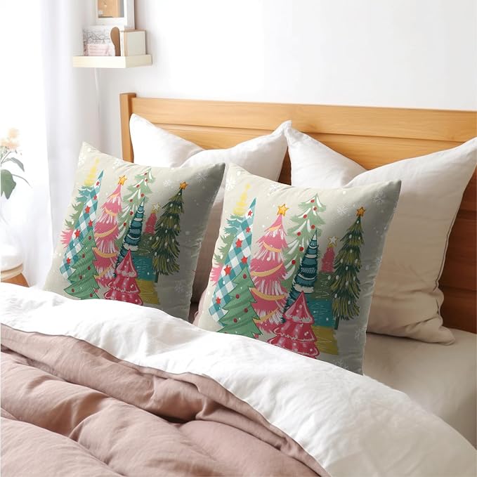 Kawani Christmas Throw Pillow Covers 22x22 Inch Pink Yellow Green Xmas Trees Square Cotton Linen Pillowcases with Hidden Zipper for Couch Sofa Bed Bench Porch Farmhouse Home Decor