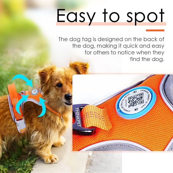 ThinkPet No Pull Harness Breathable Sport Harness with QR Code Dog Tag Reflective Dog Harnesses Smart ID Tagwith Handle Adjustable for Medium Large Dogs Back/Front Clip for Easy Control XL Orange