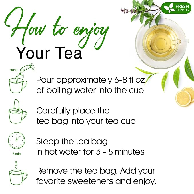FreshDrinkUS, Premium 75 Tulsi Green Tea Bags, 100% Natural & Pure, Herbal Tea, No Sugar, No Caffeine, No Gluten, Vegan.