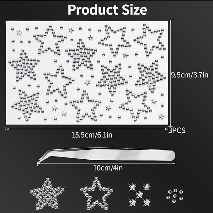 3 Sheets Star Gem Stickers Self Adhesive Rhinestone Stickers White Face Jewel Stick on Bling Hair Diamond Decals Sparkly Crystal Pearls for Body Nails Crafts Decoration Supplies for Kids