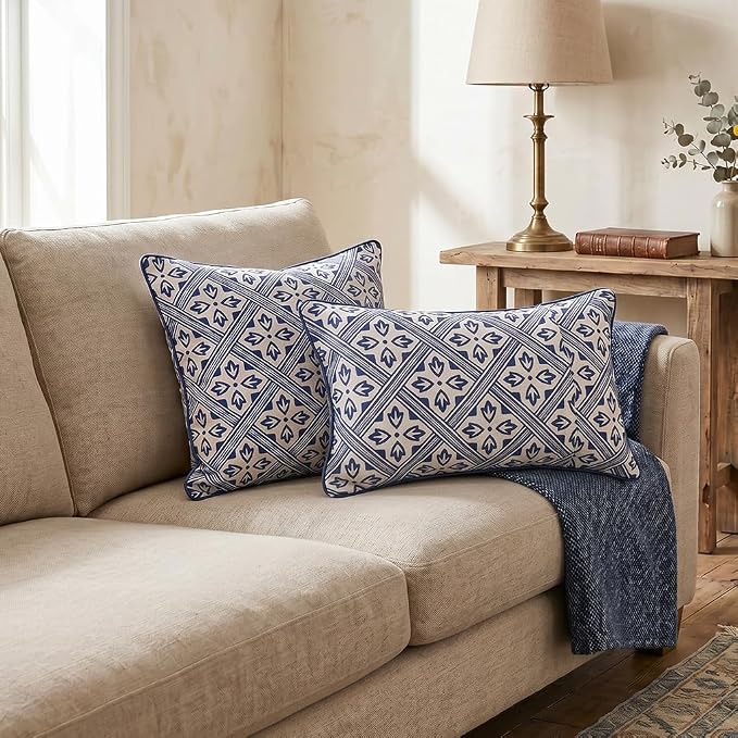 patdrea Designer French Linen Throw Pillow Cover,12"x20",Set of 2-Ivar C | Decorative Pillow Case,Chinoiserie Blue Floral Print Pillow Cover for Couch Living Room Bedroom Sofa