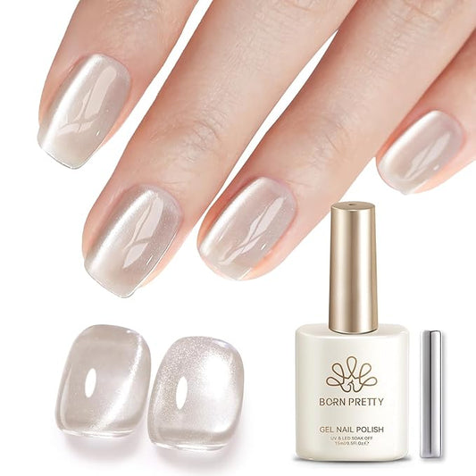 Born Pretty Nude Cat Magnetic Eye Gel Nail Polish 15ML,Jelly Glass Light Brown Crystal Glitter Shimmer Translucent Magnetic Gel Polish with Magnet,Soak Off U V Gels for Women Girl