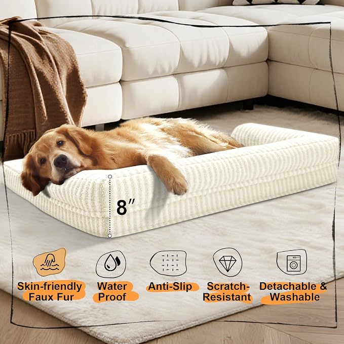 Orthopedic XL Dog Bed with Bolster for Extra Large Size Dogs | Pillow Support for Neck Relief, Egg Crate Foam, Skin-Friendly Surface, Waterproof Liner, Anti-Slip Bottom, 42 x 30 Inch