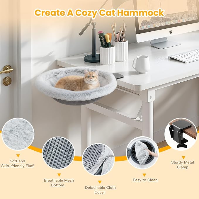 Pawaboo Cat Desk Bed, One-Click Foldable Sunken Cats Hammock up to 40lbs | Cat Side Table Beds with Soft Plush, Reversible & Washable Hanging Cats Bed with Steel Clamp for Game Office Home Desktop