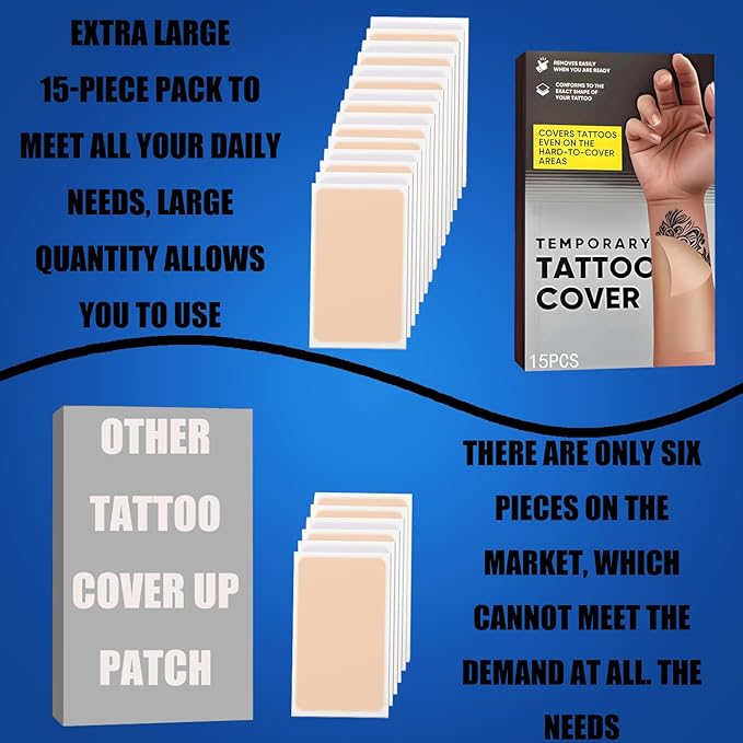 15 Pcs Ultra-Thin Tattoo Cover Up Patch, Waterproof & Sweatproof Stickers, Invisible & Breathable Concealer for most skin tones，Suitable for Tattoo Scar and Birthmarks